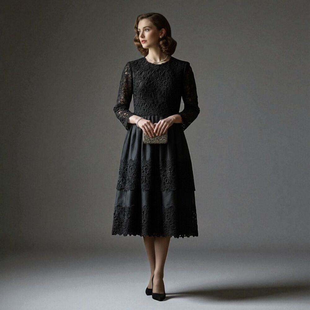 Richilene Black Silk Dress 4 Richelieu Embroidered Cocktail Evening Vintage 70s